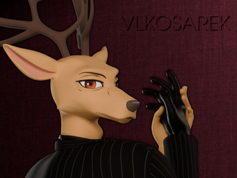 5_fingers anthro antlers black_clothing clothed clothing collar detailed_background fingers gloves handwear horn leather looking_at_viewer looking_back looking_back_at_viewer male one_glove solo suit suit_jacket conditional_dnp vlkosarek beastars louis_(beastars) deer mammal 2025 3d_(artwork) 4:3 blender_(artwork) digital_media_(artwork) hi_res watermark