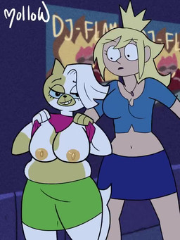anthro areola big_breasts black_eyes black_nose blonde_hair blue_bottomwear blue_clothing blue_sclera blue_skirt blue_topwear bottomwear breasts brown_body brown_fur clothed clothing clothing_lift duo eyelashes female flashing flashing_breasts front_view fur green_bottomwear green_clothing green_shorts hair looking_at_viewer navel nipples orange_areola orange_nipples purple_clothing purple_topwear shirt shirt_lift shorts skirt smile tan_body tan_skin thick_thighs topwear white_body white_fur white_hair wide_hips mollow_art adventure_time cartoon_network cake_the_cat fionna_the_human domestic_cat felid feline felis human mammal 2d_animation 3:4 animated frame_by_frame no_sound short_playtime signature video