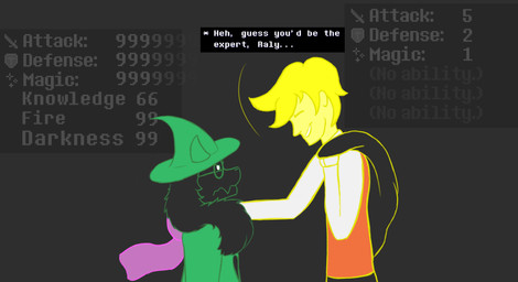 annoyed anthro biped black_background black_body black_fur blonde_hair closed_smile clothed clothing cute_fangs dialogue duo eye_contact eyewear fangs floppy_ears flower fur gameplay_mechanics glasses hair hat headgear headwear looking_at_another male mouth_closed plant scarf short_hair side_view simple_background smile speech_bubble stats teeth text wearing_glasses wearing_hat wizard_hat yellow_body yellow_skin heroman_(artist) deltarune undertale_(series) flowery_(deltarune) ralsei bovid caprine darkner elemental_creature flora_fauna flower_creature goat human mammal seven_flowers 2026 digital_drawing_(artwork) digital_media_(artwork) english_description english_text hi_res