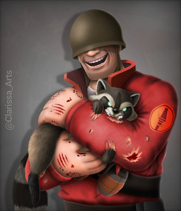 ambiguous_gender armor bite bite_mark blood bodily_fluids carrying_another claws clothing duo explosives feral foaming_at_mouth fur grenade grey_body grey_fur headgear helmet male open_mouth open_smile rabies red_clothing red_shirt red_topwear sharp_teeth shirt simple_background smile teeth topwear weapon wounded clarissa_arts team_fortress_2 valve valve_corporation lieutenant_bites soldier_(team_fortress_2) human mammal procyonid raccoon 2019 digital_drawing_(artwork) digital_media_(artwork) hi_res