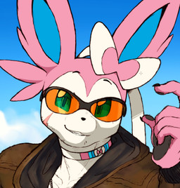 anthro anthrofied black_eyebrows blue_inner_ear blue_sky brown_clothing brown_topwear claws clothed clothing cloud eyebrows eyewear finger_claws fur looking_at_viewer multicolored_ears pink_body pink_ears pink_fingers pink_fur pink_hands pokemorph sky solo sunglasses teeth topwear dahecksajerry nintendo pokemon eeveelution generation_6_pokemon pokemon_(species) sylveon