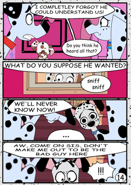 black_ears black_nose black_spots collar dialogue female feral floppy_ears fur heterochromatic_ears male pink_inner_ear red_collar speech_bubble spots star text white_body white_fur white_spots redundantmodule 101_dalmatian_street 101_dalmatians disney dawkins_(101_dalmatians) diesel_(101_dalmatians) dolly_(101_dalmatians) dylan_(101_dalmatians) canid canine canis dalmatian domestic_dog mammal english_text hi_res