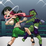 abs athletic athletic_female bodily_fluids boxing boxing_gloves bruised clothing duo feet female fighting_ring handwear hat headgear headwear long_tongue punch sport sweat tongue hexecat ben_10 cartoon_network my_hero_academia asui_tsuyu attea alien human humanoid incursean mammal 1:1 absurd_res hi_res