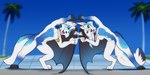 anthro blue_body blue_eyes blue_fur duo female fur jewelry male male/female necklace open_mouth white_body white_fur wings angellsview3 conditional_dnp lima_(lunarmagic) maris canid canine canis mammal wolf hi_res sibling_(lore)