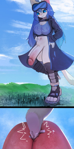 anthro big_penis blue_eyes breasts city close-up cock_vore genitals gynomorph huge_penis intersex macro penetration penile penis smile urethral urethral_penetration vore ti-suger domestic_cat felid feline felis mammal absurd_res hi_res