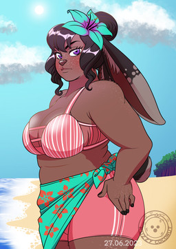 accessory anthro beach big_breasts bikini bikini_top black_nails bottomwear breasts brown_body brown_fur brown_hair clothing colored_nails female flower flower_in_hair freckles fur hair hair_accessory long_ears markings nails plant pom_(pam) purple_eyes scut_tail seaside short_tail shorts slightly_chubby slightly_chubby_female solo spots spotted_body spotted_fur sun swimwear tail two-piece_swimsuit fuzzycoconut fan_character lagomorph leporid mammal rabbit absurd_res hi_res signature watermark