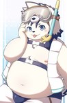 anthro belly blep blue_eyes blush bottomwear clothing eyewear fur goggles male moobs navel nipples overweight overweight_male shorts snorkel solo swimwear tongue tongue_out white_body white_fur gulf_rp tamacolle tajima_(tamacolle) canid canine canis domestic_dog mammal hi_res