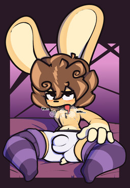 anthro bodily_fluids breath brown_eyes brown_hair bulge clothed clothing detailed_bulge fur hair legwear male panting pattern_clothing pattern_legwear pattern_stockings solo steam stockings striped_clothing striped_legwear striped_stockings stripes sweat tan_body tan_fur thigh_highs tongue tongue_out topless topless_anthro topless_male underwear rabblet mocaccino_(rabblet) lagomorph leporid mammal rabbit hi_res