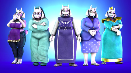 2_horns 3_toes angry anthro apron barefoot big_breasts blue_background bottomwear breasts claws cleavage clothed clothing covering covering_mouth crossed_arms crown denim denim_bottomwear denim_clothing dress eyewear feet female finger_claws flesh_fang footwear glasses group headgear horn interlocked_fingers jeans looking_at_viewer mature_anthro mature_female overweight overweight_anthro overweight_female pajamas pants paws plantigrade polka_dot_skirt purple_apron purple_bottomwear purple_clothing purple_dress purple_shirt purple_skirt purple_topwear queen royalty scut_tail shirt shocked shoes short_tail shoulder_pads simple_background skirt slippers smile smiling_at_viewer square_crossover standing tail teal_clothing teal_dress teal_pajamas toe_claws toes topwear wearing_glasses white_body wide_hips extroke twilightv0ids_(modeler) undertale_(series) toriel boss_monster_(undertale) bovid caprine goat mammal 16:9 3d_(artwork) digital_media_(artwork) full-length_portrait hi_res portrait source_filmmaker_(artwork) widescreen