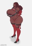 anthro areola areola_slip big_breasts biped breasts brown_body brown_hair clothed clothing female footwear hair hand_on_hip high_heels huge_breasts panties red_clothing shadow shoes simple_background solo standing text thick_thighs three-quarter_view underwear white_background casloafy canid canine canis domestic_dog mammal absurd_res hi_res