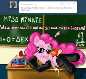 bedroom_eyes blue_eyes bodily_fluids book clothed clothing desk dialogue eyelashes eyewear female furniture genital_fluids glasses half-closed_eyes humor incorrect_math inside math narrowed_eyes naughty_face partially_clothed seductive solo table text user_avatar vaginal_fluids kinkiepie friendship_is_magic hasbro my_little_pony tumblr anon pinkie_pie_(mlp) english_text