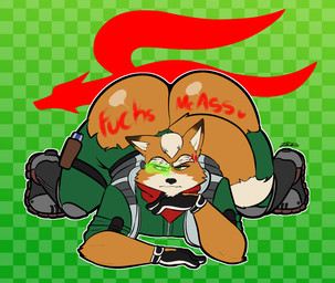 all_fours annoyed anthro big_butt body_writing butt checkered checkered_background chin_tuft clothing cross-popping_vein eye_scanner facial_tuft furrowed_eyebrows heart_symbol huge_butt kerchief male pattern_background simple_background solo thick_thighs torn_clothing tuft zackdadawg nintendo star_fox fox_mccloud canid canine fox mammal hi_res