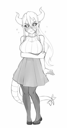 accessory big_breasts black_sclera blush bottomwear bow_(feature) bow_accessory bow_ribbon breasts clothed clothing female footwear furgonomics horn legwear pupils ribbons shoes skirt slit_pupils solo stockings sweater tail tail_accessory tail_bow tail_ribbon topwear twrlare mythology animal_humanoid dragon dragon_humanoid horned_humanoid humanoid mythological_creature mythological_scalie scalie tailed_humanoid 2019 monochrome sketch
