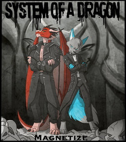 2_horns anthro biped black_bottomwear black_clothing black_coat black_nose black_pants black_topwear blue_markings bottomwear claws clothed clothing coat countershade_face countershade_fur countershade_scales countershade_torso countershading crossed_arms digitigrade dipstick_ears dipstick_tail duo ear_frill ear_markings fangs frill_(anatomy) fur gloves_(marking) green_body green_fur green_markings head_tuft horn leather leather_bottomwear leather_clothing leather_pants looking_at_viewer male markings multicolored_body multicolored_ears pants pose red_body red_scales scales spiked_clothing spikes tail tail_markings tan_body tan_countershading tan_scales teeth text toe_claws topwear tuft two_tone_body white_body white_countershading white_fur fuf european_mythology mythology fenerus_(diel4) canid canine canis dragon mammal mythological_creature mythological_scalie scalie western_dragon wolf 2019 english_text hi_res