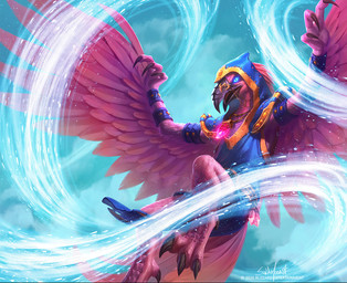 air_manipulation ambiguous_gender anthro beak blue_clothing blue_eyes claws clothing crystal elemental_manipulation feathered_wings feathers flying hood open_mouth pink_body pink_feathers solo spread_wings tail wings ursula_dorada blizzard_entertainment hearthstone warcraft arakkoa avian 2020 digital_media_(artwork) hi_res official_art female_(lore)