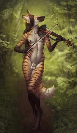 4_toes 5_fingers animal_genitalia anthro balls bowed_string_instrument brown_body brown_fur brown_hair day detailed_background digitigrade eyes_closed feet femboy fingers forest fully_sheathed fur genitals grass hair hindpaw long_hair male musical_instrument nude outside paws plant sheath solo string_instrument striped_body striped_fur stripes toes tree violin himeragoldtail heron_stellanimus canid canine mammal maned_wolf 2021 digital_media_(artwork) hi_res