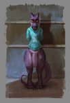 amber_eyes anthro barefoot big_penis bottomless bottomless_male claws clothed clothing feet flaccid foreskin genitals hoodie huge_penis male penis purple_body purple_scales scales solo standing thick_thighs toes topwear wide_hips maneframe nil kobold scalie absurd_res hi_res