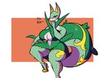 anthro big_breasts breasts cleavage_cutout clothing cutout dialogue dress female footwear high_heels huge_breasts pupils shoes slit_pupils solo tail thick_tail pokebraix nintendo pokemon generation_5_pokemon pokemon_(species) serperior 4:3 hi_res