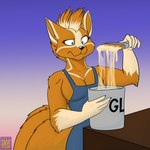 anthro apron apron_only black_nose blue_eyes breasts cleavage clothed clothing female fur glue gradient_background hair multi_tail orange_body orange_fur simple_background solo tail foxenawolf gluneria_fullin canid canine dreamspinner fox mammal 1:1