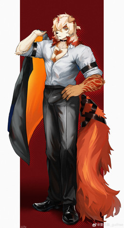 anthro arm_tattoo blazer bottomwear bulge clothing fur hair horn male orange_hair orange_tail pants shirt solo tail tan_body tan_fur tattoo topwear white_body white_fur white_hair yellow_eyes freegutchang69 arknights hypergryph studio_montagne hung_(arknights) canid canine canis domestic_dog mammal absurd_res hi_res