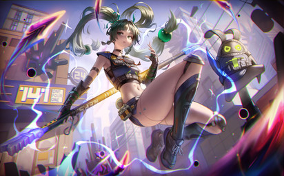 accessory ambiguous_gender angry armwear black_choker black_jewelry black_necklace breasts building choker city clothing crop_top duo elbow_gloves elbow_pads female female_human fingerless_gloves floating floppy_ears footwear gloves glowing glowing_eyes green_eyes green_hair hair hair_accessory handwear holding_object holding_weapon jewelry knee_pads long_hair looking_aside midriff navel necklace outside shirt shoes size_difference small_breasts smaller_ambiguous sneakers socks topwear twintails_(hairstyle) weapon hyuk_art mihoyo zenless_zone_zero qingyi_(zenless_zone_zero) securityboo bangboo human mammal absurd_res digital_drawing_(artwork) digital_media_(artwork) full-length_portrait hi_res portrait