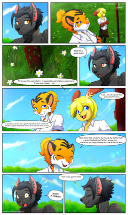 anthro black_body black_fur black_hair blue_eyes clothed clothing detailed_background dialogue ear_piercing ear_ring eyes_closed female fur grass group hair light male nature nature_background orange_body orange_fur piercing plant ring_piercing speech_bubble sun sunlight text trio yellow_body yellow_eyes yellow_fur piporete george_heartfields mrs._yorushika canid canine canis felid feline lagomorph leporid mammal pantherine rabbit tiger wolf 2025 absurd_res comic digital_drawing_(artwork) digital_media_(artwork) digital_painting_(artwork) english_text hi_res multiple_scenes painting_(artwork) right_to_left signature url