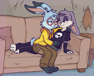 anthro blush bottomwear clothed clothing cuddling duo eyewear female furniture glasses gloves handwear hoodie inside intimate lap living_room looking_at_another male male/female outline pants sitting sitting_on_another smile sofa sweater topwear ircluzar violet_bunny lagomorph leporid mammal rabbit colored digital_media_(artwork) hi_res pixel_(artwork) shaded