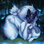 anthro big_breasts black_hooves black_mask blue_eyes breasts breasts_on_ground curvy_figure darkness female floppy_ears fluffy fluffy_hair fluffy_tail forest forest_background fur fur_markings glowing glowing_eyes glowing_water grass grey_ears hair hand_on_chin hooves huge_breasts inverted_nipples kneeling long_hair lying markings mask mask_only nature nature_background nipples nude on_front plant shadow shrub solo tail thick_thighs tree voluptuous voluptuous_female water white_body white_fur sainty league_of_legends riot_games tencent kindred_(lol) lamb_(lol) arthropod bovid butterfly caprine insect lepidopteran mammal sheep 1:1 absurd_res digital_media_(artwork) hi_res signature