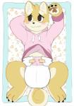 anthro black_nose blush clean_diaper clothed clothing diaper hoodie looking_away lying male on_back solo spread_legs spreading topwear wearing_diaper cookiebandit canid canine canis domestic_dog mammal 2019 absurd_res hi_res