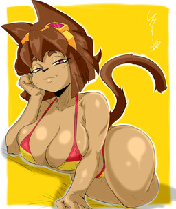 anthro big_breasts bikini breasts brown_body brown_hair brown_tail bulging_breasts butt clothed clothed_anthro clothed_female clothing collarbone eyebrows eyelashes eyewear eyewear_on_head female female_anthro geometric_background glistening goggles goggles_on_head hair hand_on_cheek lying magenta_eyes nipple_outline simple_background solo swimwear tail thick_thighs two-piece_swimsuit whiskers yellow_background yellow_sclera ghostinhood gameoverse glitch_productions kit_bodega domestic_cat felid feline felis mammal 2026 hi_res
