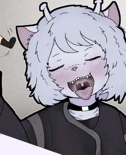 antennae_(anatomy) anthro black_clothing blush bodily_fluids choker clothing detailed_mouth duo eyes_closed female first_person_view hair holding_viewer imminent_vore jewelry macro micro mouth_shot necklace open_mouth oral_vore saliva saliva_on_tongue teeth throat tongue tongue_out uvula vore voring_viewer white_hair teruni-inamor teruni-nemira-inamor alien virelli colored digital_media_(artwork)
