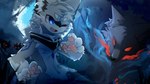 4_fingers anthro biped blue_eyes blue_markings blush blush_lines chest_tuft claws fangs fingers forest forest_background fur grey_body grey_fur inner_ear_fluff kemono kerchief male markings multicolored_body multicolored_fur nature nature_background neck_tuft neckerchief neckwear night one_eye_closed open_mouth outside pawpads paws plant solo teeth tree tuft white_body white_fur hlg7777 maxliu canid canine canis domestic_dog ghost hybrid mammal spirit wolf wolfdog 2024 blue_theme digital_drawing_(artwork) digital_media_(artwork) shaded wallpaper