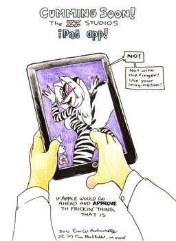 anthro app big_breasts breaking_the_fourth_wall breasts butt disembodied_hand doing_it_wrong duo fail female humor looking_back nipples open_mouth raised_tail simple_background solo_focus tablet_computer tail text white_background eric_schwartz apple_inc. ipad zig_zag hybrid mammal mephitid skunk 2010 english_text traditional_media_(artwork)