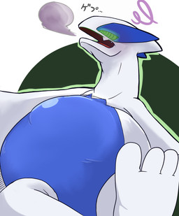 ambiguous_feral ambiguous_gender ambiguous_pred belly big_belly biped bipedal_feral bloated blue_body blue_countershading breath cloud_emanata countershading ellipsis emanata feet feral feral_pred flesh_fang fully_inside glistening glistening_belly glowing glowing_eyes green_eyes hypnosis hypnotized_pred long_neck mind_control multicolored_body open_mouth oral_vore semi-anthro simple_background soft_vore solo spiral spiral_eyes text toes two_tone_body unseen_prey vore white_body sabamiso_(sabamasasix) mythology nintendo pokemon generation_2_pokemon legendary_pokemon lugia mythological_creature mythological_scalie pokemon_(species) scalie 2019 hi_res japanese_description japanese_text shaded translated
