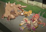 claws defeat dirty dirty_feet feet foot_fetish foot_lick foot_play group licking soles toes tongue tongue_out unconscious the_dark_mangaka bandai_namco digimon digimon_survive agumon beastmon digimon_(species) gigasmon labramon 2023 hi_res