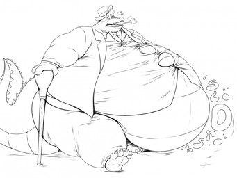 anthro belly big_belly blush bodily_fluids bow_tie breath button_(fastener) cane chubby_cheeks claws clothed clothing eyewear hat hat_feather headgear headwear holding_cane holding_object huge_belly loose_feather male monocle morbidly_obese morbidly_obese_anthro morbidly_obese_male obese obese_anthro obese_male open_mouth overweight overweight_anthro overweight_male panting sloshing_belly solo sound_effects straining_buttons suit sweat sweatdrop tail text thick_tail thick_thighs tight_clothing toe_claws top_hat waddling walking wide_hips huttsergreywolf alligator alligatorid crocodilian reptile scalie black_and_white hi_res monochrome