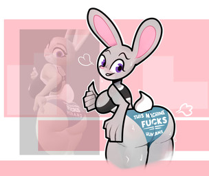 after_exercise anthro big_breasts big_butt biped blush bodily_fluids bra breasts bubble_butt butt cleavage cleavage_overflow clothed clothing female gesture hand_gesture hand_on_butt heart_symbol huge_butt human_fetish looking_at_viewer looking_back looking_back_at_viewer musk panties presenting presenting_hindquarters purple_eyes raised_tail short_tail small_waist smile solo sports_bra sweat sweaty_breasts sweaty_butt sweaty_face tail text text_on_clothing text_on_underwear thick_thighs thumbs_up toony underwear anaroth ok-pace-9424 disney zootopia judy_hopps lagomorph leporid mammal rabbit 2026 absurd_res hi_res redraw reference_image
