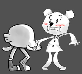 4_fingers anthro black_eyes black_nose blush blush_lines clenched_teeth clothing collared_dress disgust duo eyebrows eyelashes female female_anthro fingers fish_tail footwear grey_background hand_holding kiss_on_hand kissing male male/female male_anthro pseudo_clothing pupils raised_eyebrows red_blush shoes simple_background standing surprised tail teeth white_pupils gaturo cartoon_network the_amazing_world_of_gumball darwin_watterson teri_(tawog) aquatic bear cyprinid cypriniform fish goldfish mammal paper_creature ursine 2013 digital_drawing_(artwork) digital_media_(artwork) greyscale hi_res monochrome