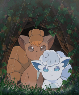 ambiguous_gender blue_eyes brown_body brown_eyes brown_fur duo feral fur grass open_mouth outside plant raining vines white_body white_fur rumine nintendo pokemon alolan_form alolan_vulpix generation_1_pokemon generation_7_pokemon pokemon_(species) regional_form_(pokemon) vulpix hi_res