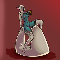 accessory assisted_exposure bottomwear bow_(feature) bow_accessory bow_ribbon breasts clothing female genitals green_eyes hair_accessory hair_bow hair_ribbon looking_at_viewer mostly_nude nipples not_furry nude pants pantsing rag_doll_(toy) red_background ribbons simple_background solo vulva alorix cyclops demon ghost humanoid monster spirit 1:1