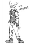 anthro belt boots bottomwear buckle clothing digital_sketch duo electronics fingerless_gloves footwear fur gloves hair handwear headphones looking_at_another male micro pants shirt shoes simple_background t-shirt text topwear triforce_symbol white_background nommz teio_(strawberrymog) lagomorph leporid mammal rabbit 2015 english_text hi_res monochrome