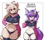 :3 animal_ears anthro big_breasts bikini bottomwear breasts claws cleavage clothed clothing colored_skin cropped_hoodie curvy_figure duo edie_crop_hoodie felis_(lucyfer) female feral glistening glistening_body glistening_skin hair hiel_(lucyfer) highleg highleg_bikini hotpants legwear long_hair looking_at_viewer lucyfer meme_attire microshorts minishorts pattern_clothing phallic_symbol ponytail purple_hair revealing_clothes shorts simple_background small_waist smile standing striped_clothing striped_thighhighs stripes sweater swimwear tail text thigh_highs thong topwear two-piece_swimsuit under_boob underwear white_background wide_hips yellow_eyes meme_clothing paggi_outfit felis_(character) canid canine felid feline mammal character_name english_text hi_res meme