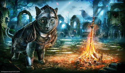 ambiguous_gender armor bonfire feral fire fur grey_body grey_fur looking_at_viewer melee_weapon outside plant ruins solo sword text tree weapon manthoslappas dark_souls fromsoftware avian bird corvid corvus_(genus) domestic_cat felid feline felis mammal oscine passerine raven url