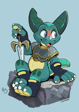 anthro blue_background blue_eyes claws clothing dagger finger_claws footwear happy holding_dagger holding_melee_weapon holding_object holding_weapon horn logo looking_aside male melee_weapon open_mouth rock simple_background sitting solo teal_body teal_horn toe_claws weapon white_claws yellow_body young young_anthro young_male pandapaco mythology dragon mythological_creature mythological_scalie scalie artist_logo hi_res signature