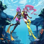 anthro clothing diving_mask duo female female/female full_face_diving_mask legless leotard mask one-piece_swimsuit scuba scuba_gear scuba_tank spandex swimwear tight_clothing underwater water wetsuit moonlightbunn acanthurid clownfish fish marine pomacentrid regal_tang 1:1 hi_res