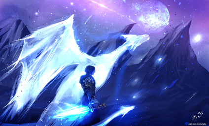 ambiguous_gender clothed clothing detailed_background duo hair holding_melee_weapon holding_object holding_sword holding_weapon melee_weapon night outside sky sword text weapon wings ryky mythology dragon ghost human mammal mythological_creature mythological_scalie scalie spirit 2017 digital_media_(artwork) url