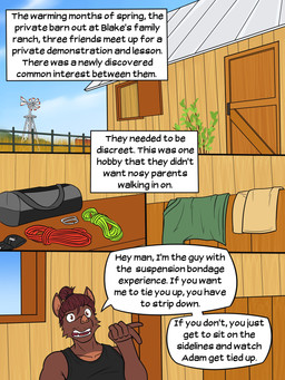 4_panel_comic 5_fingers anthro biped black_clothing black_shirt black_tank_top black_topwear bottomwear brown_body brown_eyes brown_fur clothed clothed_anthro clothed_male clothing cloud countershading day detailed_background dialogue door duffel_bag establishing_panel facial_hair farm fence field fingers front_view fully_clothed fully_clothed_anthro fully_clothed_male fur furniture green_clothing green_shirt green_topwear hair hair_bun imminent_bondage implied_nudity inside male narration offscreen_character open_mouth outside pants plant rope shirt solo speech_bubble table tan_bottomwear tan_clothing tan_pants tank_top teeth text text_box tongue topwear wheat wheat_field window windpump fuze texnatsu jorge_san_nicolas mammal suid suine sus_(pig) wild_boar 2025 3:4 comic digital_drawing_(artwork) digital_media_(artwork) english_text first_page hi_res