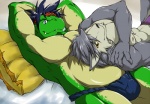 anthro asian_clothing bed biceps big_muscles bulge clothed clothing duo east_asian_clothing fundoshi furniture green_body green_scales green_skin japanese_clothing kemono looking_at_viewer lying male male/male muscular muscular_male on_back on_bed pecs pillow scales topless underwear suruga asian_mythology east_asian_mythology morenatsu mythology kouya_(morenatsu) tatsuki_(morenatsu) canid canine canis domestic_dog dragon eastern_dragon husky mammal mythological_creature mythological_scalie nordic_sled_dog scalie spitz 2009