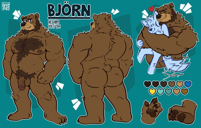anthro balls beard belly body_hair brown_body brown_fur butt chest_hair claws color_swatch duo eyebrows facial_hair finger_claws flaccid fluffy fur genitals head_tuft heart_symbol hug hugging_another hugging_from_behind humanoid_genitalia humanoid_penis looking_at_viewer male male/male motion_lines multiple_poses musclegut muscular muscular_arms nipples nude nude_male pawpads penis pose pubes raised_eyebrow simple_background small_tail smile smiling_at_viewer solo_focus standing tail tail_motion tailwag text toe_claws tuft umlaut cesarpolarart bjorn_(grizzbjorn) ych_(character) bear brown_bear canid grizzly_bear mammal ursine english_text hi_res model_sheet