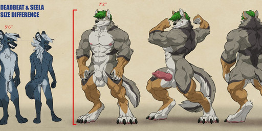abs ambiguous_gender anthro athletic balls barefoot biceps big_muscles blue_body blue_fur brown_body brown_fur butt chest_tuft claws comparison duo erection fangs feet flexing fur genitals green_hair grey_body grey_fur hair knot male male/ambiguous male/male muscular muscular_male nipples nude pecs penis side_view simple_background size_difference teeth toe_claws tuft turnaround wfa deadbeat seela canid canine canis hyena mammal spotted_hyena wolf digital_media_(artwork) model_sheet